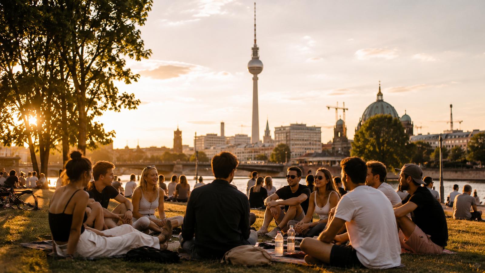 A group of justmoved members enjoying a golden-hour picnic by the river, with the Berlin TV Tower in the background